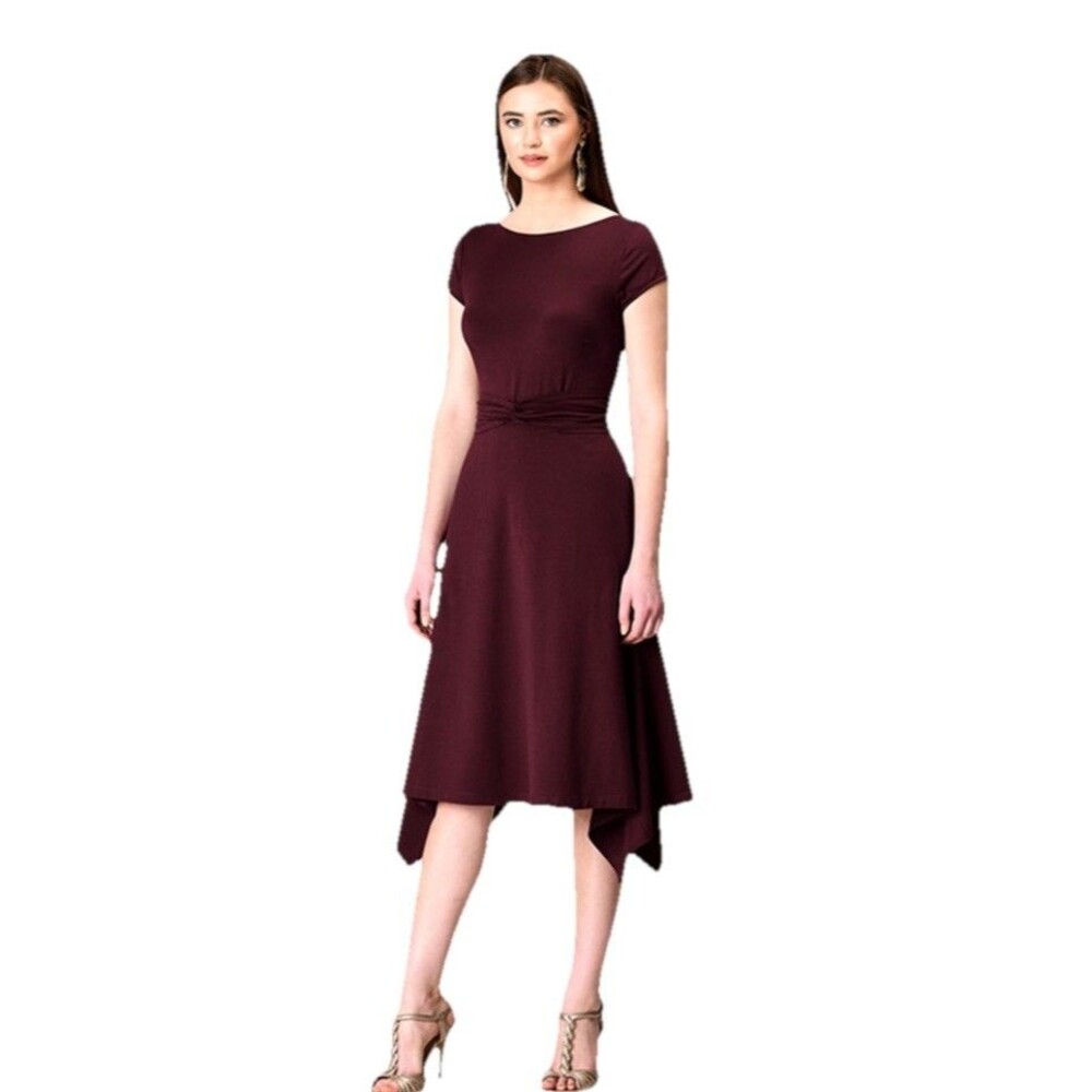 Eshakti Dress Size 2 Hankerchief Hem Maroon Knit Twist Gathered Waist